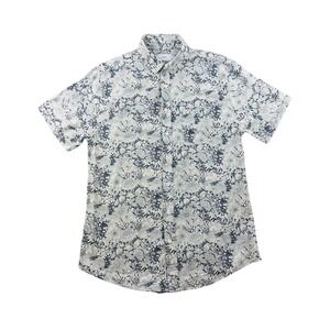 Onia Button Down Shirt Men M Blue Linen Cotton Floral Short Sleeve Resortwear